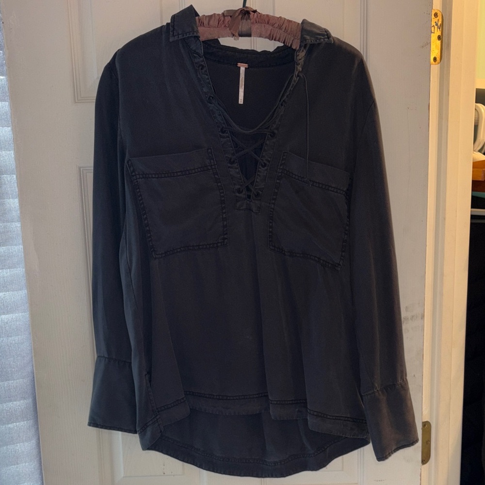 Free People Gray Lace-Up Top
